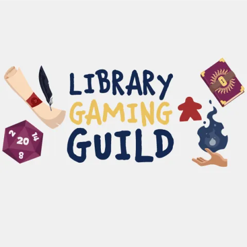 Maroon twenty sided die with the 20 face up, a scroll and quill, a journal, a meeple, and a hand holding fire.