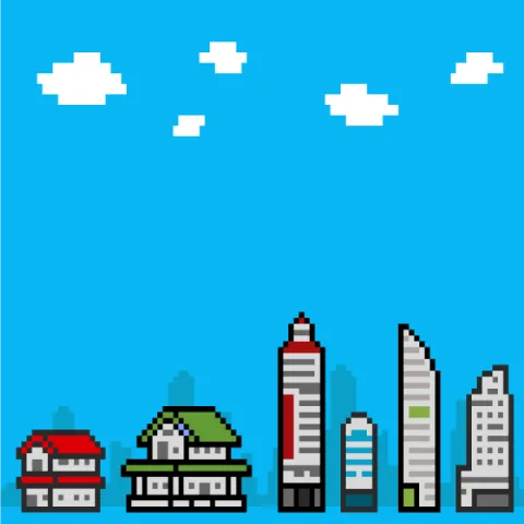 8-bit buildings with a blue background and clouds.