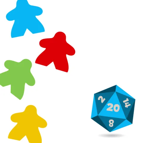 Meeple figures with a d20 dice.