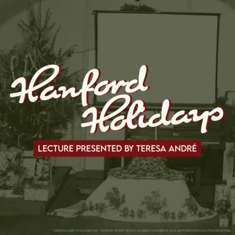 Hanford Holidays Lecture Presented by Teresa Andre with a photo in the background of a projector and Christmas tree and presents