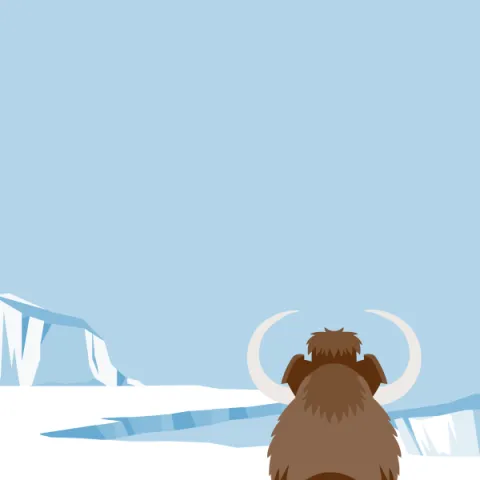 Blue background with a mammoth looking at an iceberg.