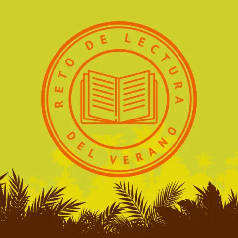 Reto de lectura del verano 2026 with lime green background with brown leaves.  