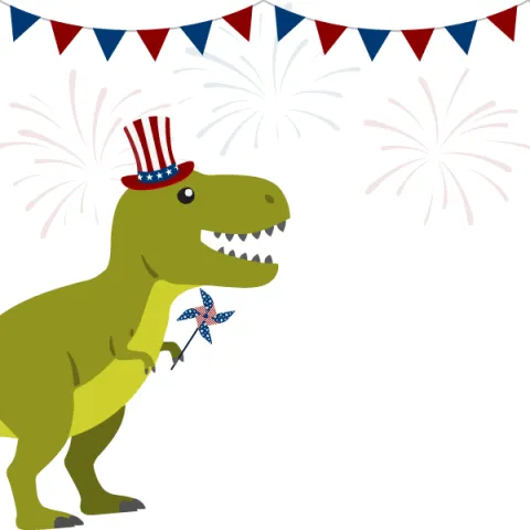 T-Rex with an Uncle Sam Top Hat and fireworks in the background. 