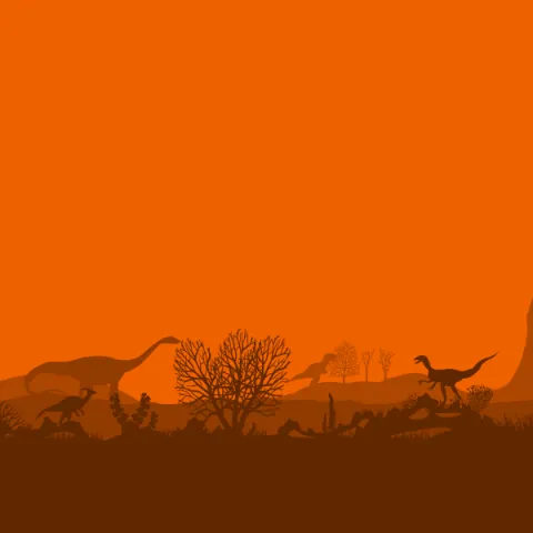 Orange background with brown shadows of dinosaurs and trees.