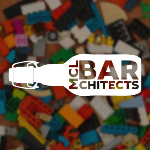 BARchitects logo behind LEGO background